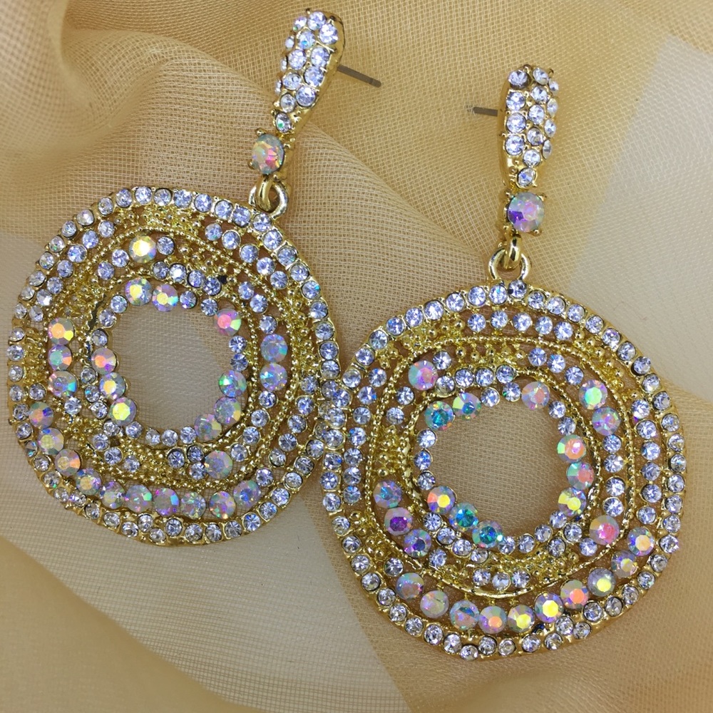 Fancy Oversized Circle Earrings, Rainbow Crystal